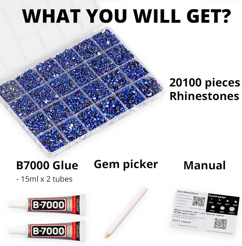 Worthofbest 20100Pcs Blue Resin Rhinestones 2,3,4,5,6mm Flatback for Bedazzling Crafting Crafts Clothing Clothes Fabric Shoes Nail Art, Royal Dark Navy Blue Flat Back Gems Diamonds Jewels Crystals Gemstones - Image 2